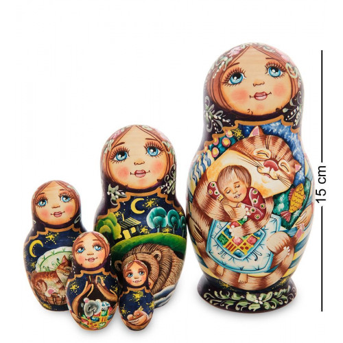 Матрешка деревянная Мария с котом 15 см 5 мест