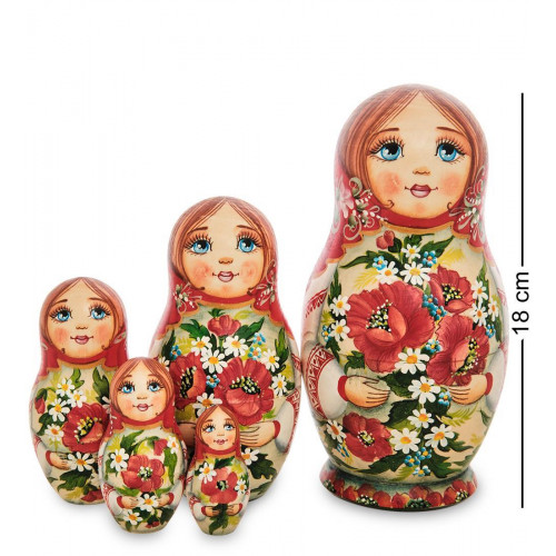 Матрешка деревянная Мария с маками 18 см 5 мест